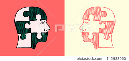 Head puzzle concept for psychology or science theme. Neuroscience and therapy. Hand drawn engraving. 143982960