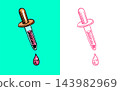 A pipette with liquid inside and a drop. Hand drawn icon engraving 143982969