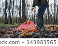 Man raking dry fallen autumn leaves 143983565