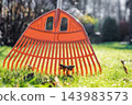 Orange plastic leaf rake standing on green grass in autumn garden 143983573