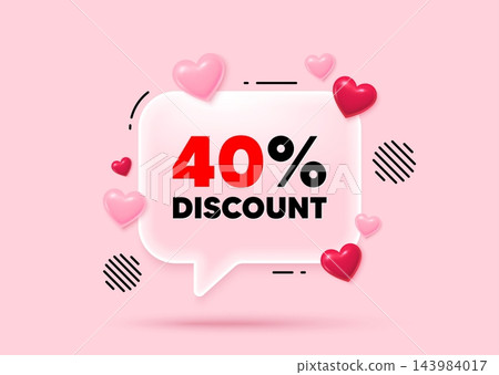 Discount glass speech bubble. Social media concept. 40 percent discount tag. Sale offer price sign. Special offer symbol. 3d hearts love speech bubble. Vector Discount glass speech bubble. Social media concept. 40 percent discount tag. Sale offer price sign. Special offer symbol. 3d hearts love speech bubble. Vector 143984017