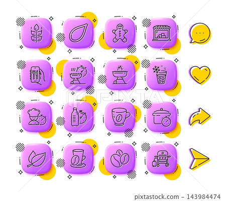 Grill, Pumpkin seed and Grill time line icons. App 3d buttons. Social media comment, share, like icons. Pack of Market, Boiling pan, Gluten free icon. Vector 143984474