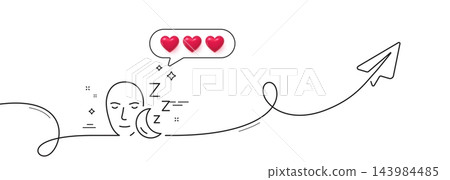 Sleep line icon. Continuous line with share plane. Night rest sign. Sleeping face symbol. Hearts rate review in speech bubble. Sleep single line ribbon. Loop curve pattern. Vector Sleep line icon. Continuous line with share plane. Night rest sign. Sleeping face symbol. Hearts rate review in speech bubble. Sleep single line ribbon. Loop curve pattern. Vector 143984485