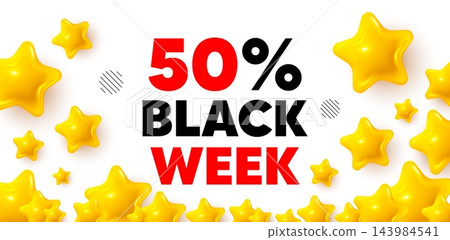 Black week winner banner with 3d stars. Golden stars banner. Black week 50 percent sale. Special discount sign. Black friday offer symbol. Review rate background. Vector Black week winner banner with 3d stars. Golden stars banner. Black week 50 percent sale. Special discount sign. Black friday offer symbol. Review rate background. Vector 143984541