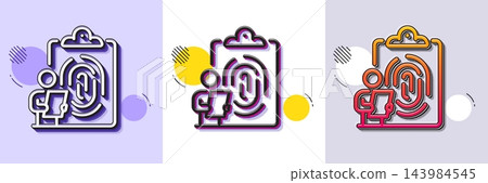 Fingerprint clipboard line icon. Halftone dotted pattern. Gradient icon with grain shadow. Finger print scan sign. Biometric identity symbol. Line fingerprint icon. Various designs. Vector 143984545