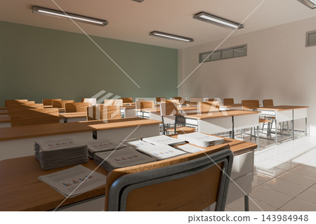 Empty classroom with rows of desks and printed worksheets in a 3D render. Empty classroom with rows of desks and printed worksheets in a 3D render. 143984948