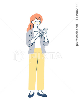 Full-body illustration of a woman smiling and using her smartphone | Smartphone, ponytail, jacket, pants Full-body illustration of a woman smiling and using her smartphone | Smartphone, ponytail, jacket, pants 143986368