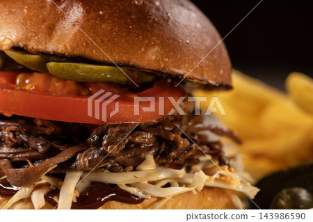 Juicy Brisket Burger with Tender Smoked Beef. Juicy Brisket Burger with Tender Smoked Beef. 143986590
