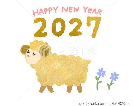 New Year's card design for the Year of the Sheep (2027) with text and illustration of a golden sheep. New Year's card design for the Year of the Sheep (2027) with text and illustration of a golden sheep. 143987064