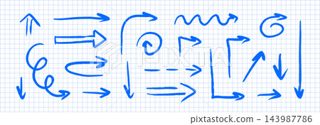 Blue marker hand drawn arrow set. Crayon pointer doodle shape collection. Sketch brush stroke direction line bundle. Curved and wavy scribble cursor element pack for scrapbook, school notebook. Vector 143987786