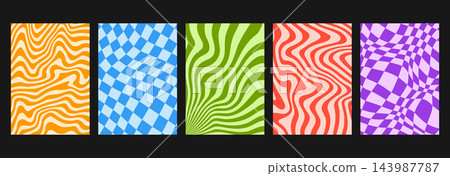 Colorful retro wavy and checkered poster background set. Bright curly wave line design templates for banner, flyer, ads, leaflet, brochure, booklet. Vector psychedelic groovy liquid wallpapers Colorful retro wavy and checkered poster background set. Bright curly wave line design templates for banner, flyer, ads, leaflet, brochure, booklet. Vector psychedelic groovy liquid wallpapers 143987787