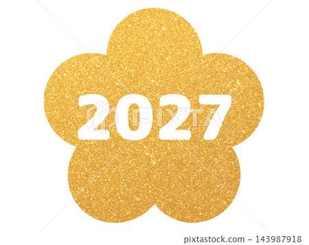 Gold plum-shaped frame icon illustration with the year 2027 text. Gold plum-shaped frame icon illustration with the year 2027 text. 143987918
