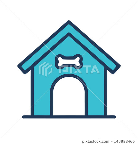 Simple cartoon illustration of a blue dog house icon with a bone symbol above the entrance. Simple cartoon illustration of a blue dog house icon with a bone symbol above the entrance. 143988466