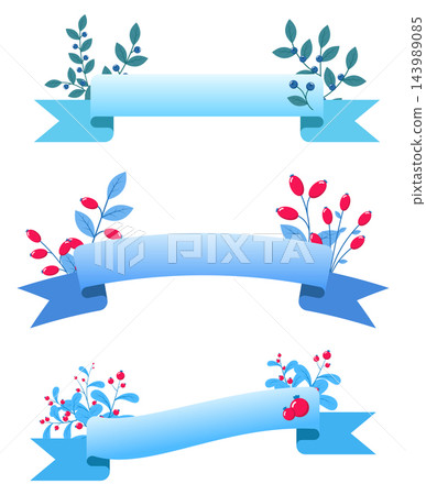 Winter ribbon set. Winter ribbon with leaves and berries. Vector elements for winter banners and promotional flyers. Set blue realistic curved ribbon Winter ribbon set. Winter ribbon with leaves and berries. Vector elements for winter banners and promotional flyers. Set blue realistic curved ribbon 143989085