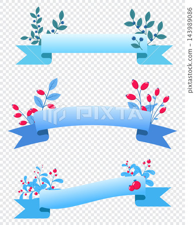 Winter ribbon set. Winter ribbon with leaves and berries. Vector elements for winter banners and promotional flyers. Set blue realistic curved ribbon Winter ribbon set. Winter ribbon with leaves and berries. Vector elements for winter banners and promotional flyers. Set blue realistic curved ribbon 143989086