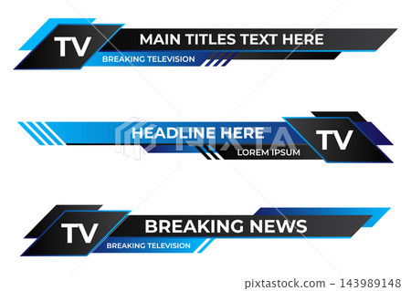 Modern lower third banner. Set of broadcast news lower third banner template. Lower third bar template for breaking news, sport, streaming. Video headline title 143989148