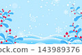 Winter background with berries and seasonal leaves. Winter snow background. Snowy landscape, snowflakes, frozen hills, and snow drifts decoration 143989376
