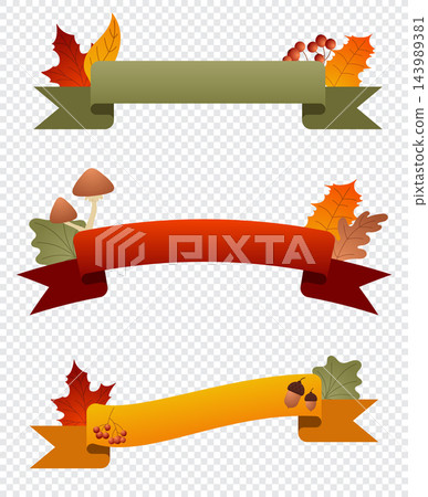 Autumn ribbon set. Autumn ribbon with leaves, autumn foliage, maple leaves, and acorns. Vector elements for autumn banners and promotional flyers 143989381