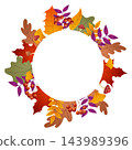 Autumn round frame. Empty round frame of autumn colorful leaves. Circular botanical wreath with fall theme. Colorful autumn leaves decorative border 143989396
