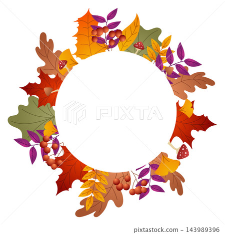 Autumn round frame. Empty round frame of autumn colorful leaves. Circular botanical wreath with fall theme. Colorful autumn leaves decorative border 143989396