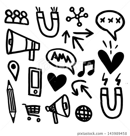 Doodle icon collection showing social media marketing artwork with creative joy 143989458