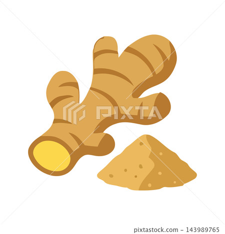 Illustration of a ginger root and a pile of ginger powder, representing a healthy and flavorful spice. Illustration of a ginger root and a pile of ginger powder, representing a healthy and flavorful spice. 143989765
