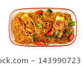 chinese Stir-Fried Rice Vermicelli with Pork Cheek and Bok Choy on Plate 143990723