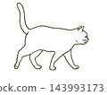 An illustration of a white cat walking with its tail held high. 143993173
