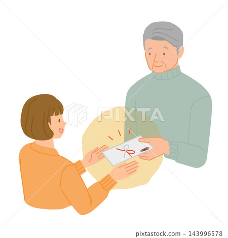 A senior man hands his granddaughter New Year's money directly to her. 143996578