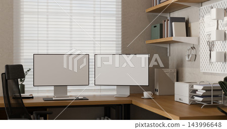 3D Illustration of Modern Dual Monitor Home Office Workspace with Wooden Desk, Shelves and Organized Setup 3D Illustration of Modern Dual Monitor Home Office Workspace with Wooden Desk, Shelves and Organized Setup 143996648