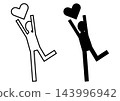 A pictogram icon set of a person jumping while holding a heart, expressing support and affection, featuring a human silhouette and a heart. 143996942