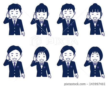 [Icon] Male and female students in navy blazers talking on their smartphones 143997481