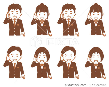 [圖標] 一名身穿棕色西裝外套的男學生和一名女學生正在用智慧型手機通話。 143997483