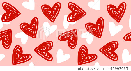 Romantic seamless pattern background with red and white scribbled hearts on pink backdrop Romantic seamless pattern background with red and white scribbled hearts on pink backdrop 143997685