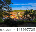 A scenic overview of the historic town of Cesky Krumlov in the Czech Republic 143997725