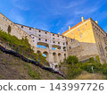 The image shows historic Cloak Bridge at Cesky Krumlov Castle, Czech Republic 143997726