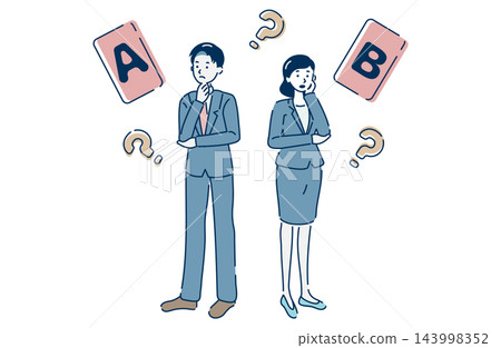 An illustration (with outlines) of a business man and woman struggling to choose between two options, A and B. An illustration (with outlines) of a business man and woman struggling to choose between two options, A and B. 143998352