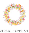 Hand drawn watercolor floral wreath with pink meadow clover, yellow buttercups and tansy flowers. Pastel botanical circle frame with wildflowers isolated for invitations, wedding stationery, packaging 143998771