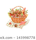Hand drawn watercolor autumn composition with wicker basket, woodland mushrooms, red rowan berries, nuts and oak leaves on checked napkin. Rustic forest illustration isolated for seasonal packaging. 143998778