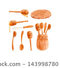 Hand drawn watercolor set of wooden honey dippers, spoons, butter knife, round serving board and carved utensil holder. Isolated pastel rustic kitchen clipart for food packaging, branding, cookbooks. 143998780