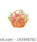 Hand drawn watercolor autumn arrangement of red rowan berries, oak leaves and colorful foliage in woven wicker basket. Rustic fall botanical illustration isolated for packaging, cards, home decor. 143998781