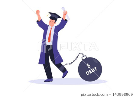Vector Illustration of Graduate Chained to Heavy Debt Ball for Student Loan Vector Illustration of Graduate Chained to Heavy Debt Ball for Student Loan 143998969