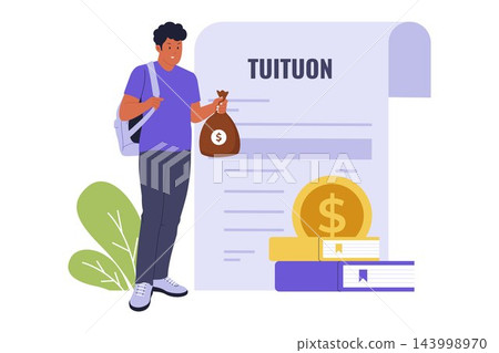 Vector Illustration of Student Holding Money Bag for University Tuition Payment 143998970