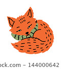 Cute orange fox curled up wearing cozy green scarf 144000642