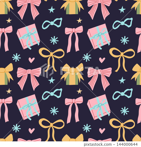 Christmas gift boxes bows and stars seamless pattern Christmas gift boxes bows and stars seamless pattern 144000644