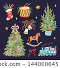 Christmas trees bells stocking drum and toy train illustration set 144000645
