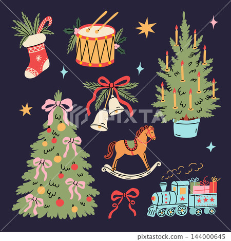 Christmas trees bells stocking drum and toy train illustration set Christmas trees bells stocking drum and toy train illustration set 144000645