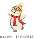 Cute Penguin Wearing Red Scarf and Yellow Winter Hat 144000648