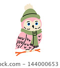Pink Owl Wearing Green Hat and Cozy Scarf 144000653