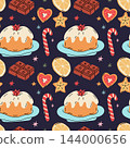 Christmas Pudding Candy Cane and Chocolate Seamless Pattern 144000656